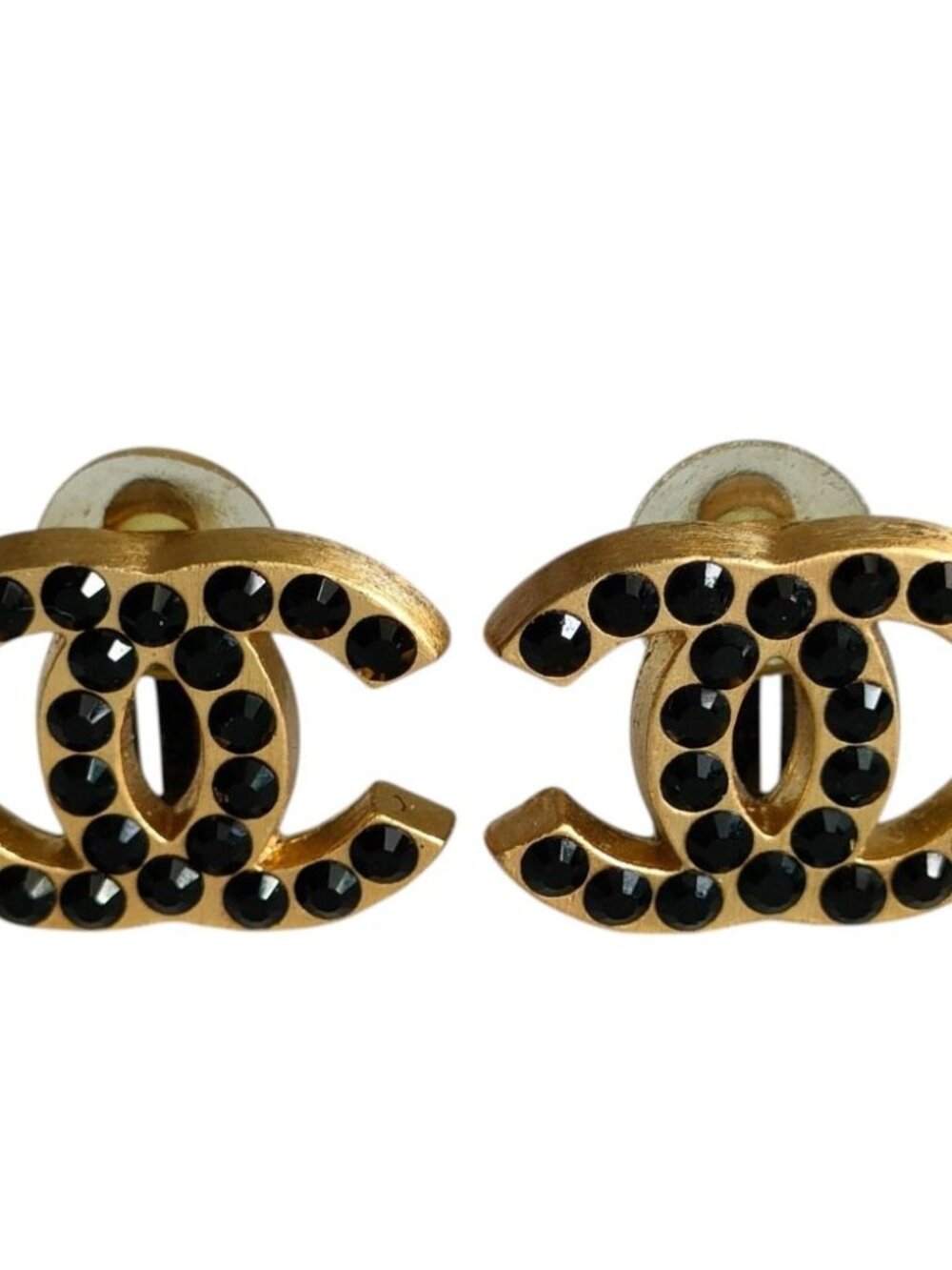 Chanel CC Logo Black Rhinestone Clip Earrings Gold